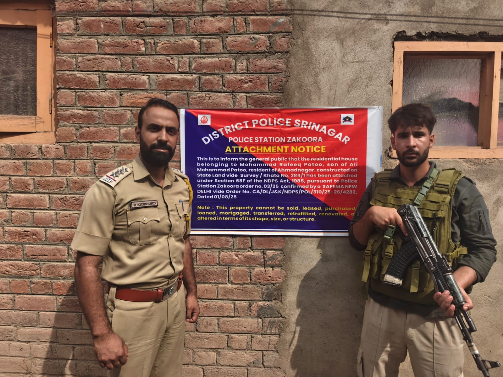 Srinagar Police Seizes ₹60 Lakh Property of Notorious Drug Peddler Under NDPS Act