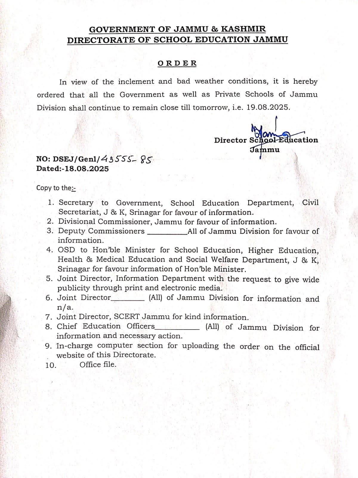 Schools in Jammu Division shall remain close till tomorrow