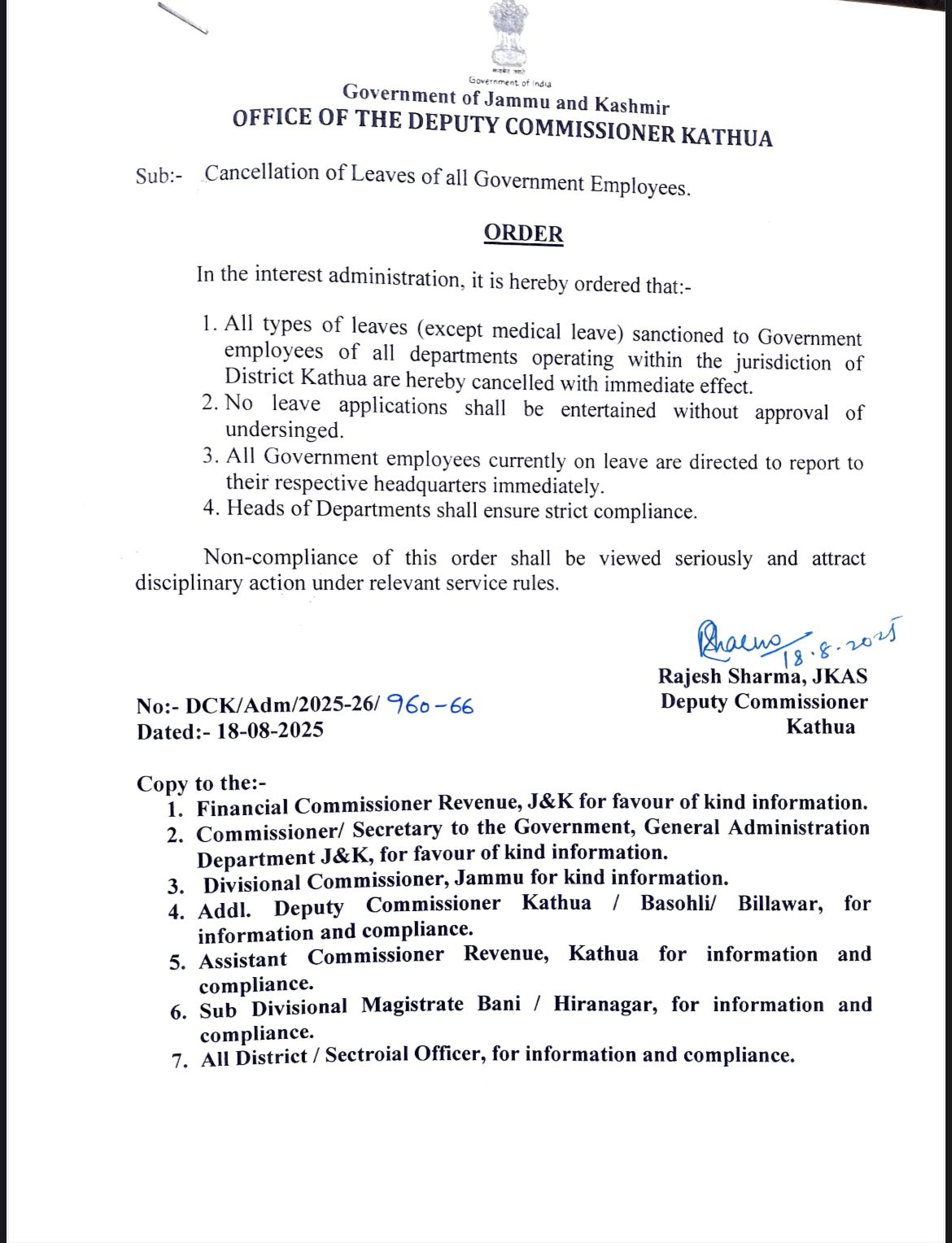 DC Kathua orders Cancellation of Leaves of all Govt Employees
