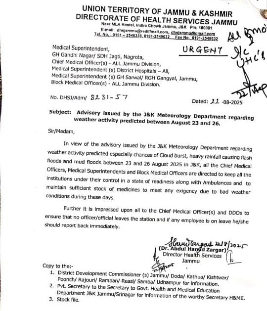 Directorate of Health Services Jammu is an urgent advisory regarding predicted severe weather in Jammu & Kashmir between August 23 and 26, 2025.