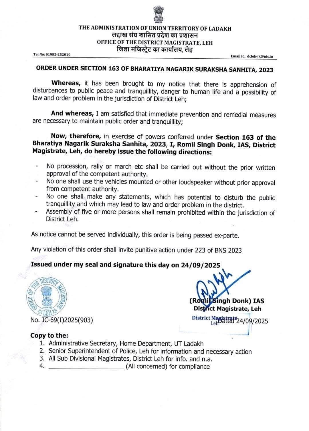 DM Leh imposes Section 163 of the BNS in Leh