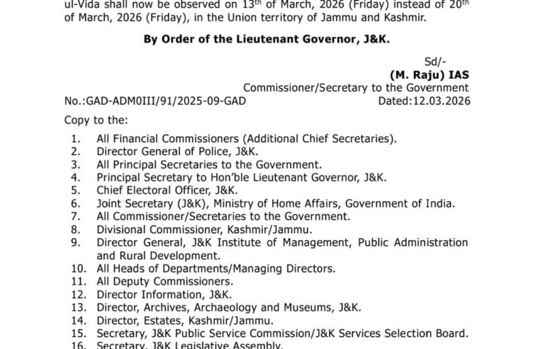 Jammu & Kashmir Government Prepones Jumat-ul-Vida Holiday to March 13