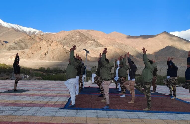 CISF personnel practice yoga at Shanti Stupa in Leh