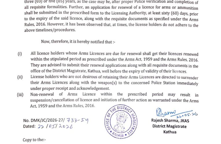 Kathua district administration issues mandatory guidelines for arms licence renewal and surrender