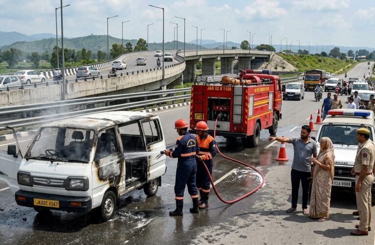 Moving Eco car catches fire on flyover in Samba district of Jammu and Kashmir