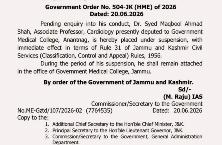 Jammu and Kashmir government suspends GMC Anantnag cardiology professor