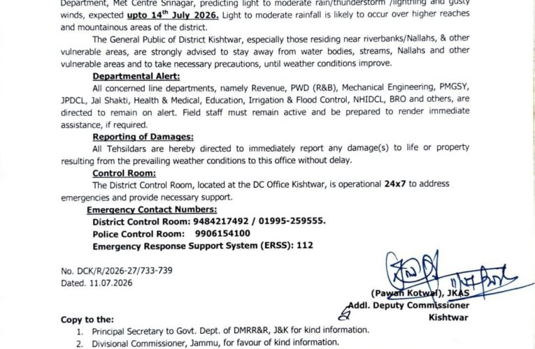 Kishtwar administration issues weather advisory and alerts departments amid rain forecast