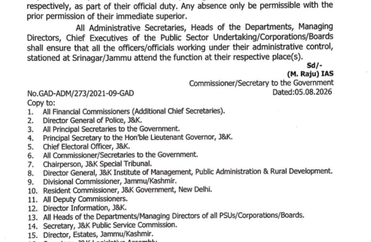 Independence Day 2026: Jammu and Kashmir Government Mandates Mandatory Attendance for All Officers and Staff
