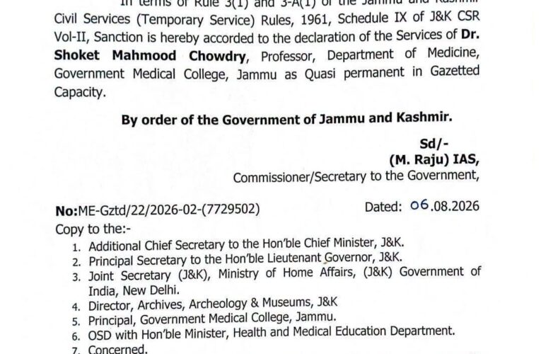 J&K Health Department Accord Status of Quasi Permanent Service to Dr Shoket Mahmood Chowdry