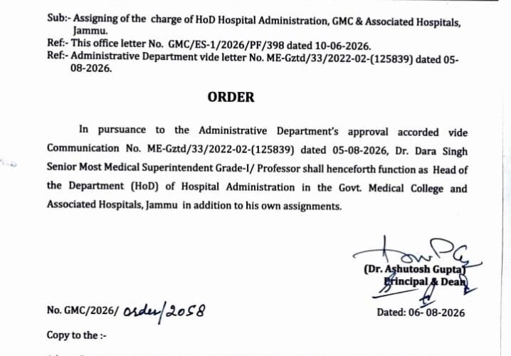 Dr Dara Singh Assigned Charge as Head of Department of Hospital Administration at GMC Jammu